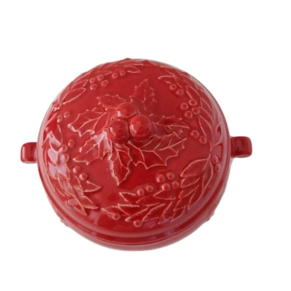 Sur La Table Red Ceramic Mini Crock Lidded Bowl Christmas Poinsettia Garland